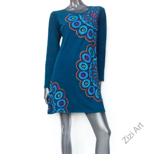 fekete, türkiz, kék, zöld, virág, mandala, mintás, háromnegyedes, ujjú, pamut, tunika, ruha, felső, Nepál, egzotikus, egyedi, különleges, női, divat, bohém, trend