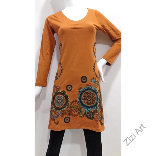 mustár, türkiz, kék, zöld, virág, mandala, mintás, hosszú ujjú, pamut, tunika, ruha, felső, Nepál, egzotikus, egyedi, különleges, női, divat, bohém, trend