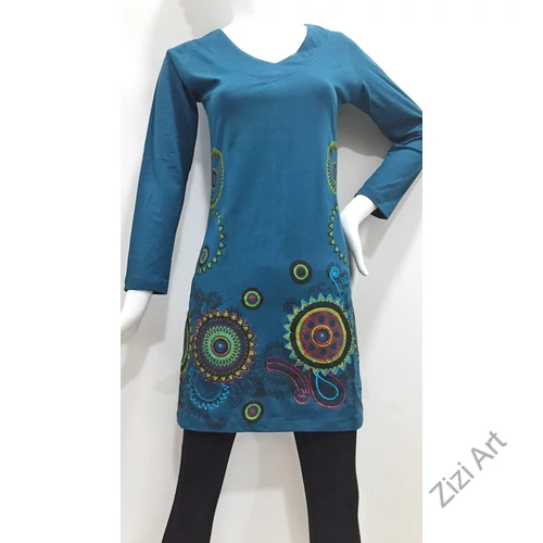 mustár, türkiz, kék, zöld, virág, mandala, mintás, hosszú ujjú, pamut, tunika, ruha, felső, Nepál, egzotikus, egyedi, különleges, női, divat, bohém, trend