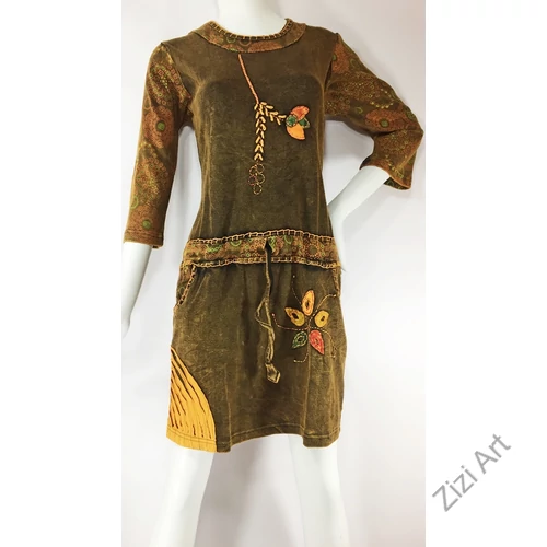 kék, barna, mustár, derékban megkötős, hosszú ujjú, tunika, felső, pamut, Nepál, ruha, nepáli, színes, virágos, egzotikus, egyedi, vidám, élénk, elegáns, bohém, különleges