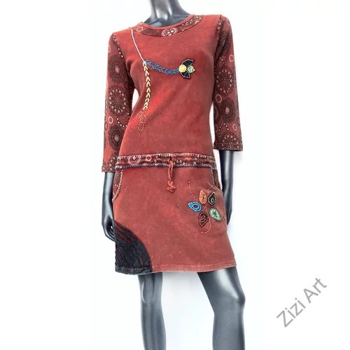 pamut, ruha, tunika, megkötős, hosszú ujjú, narancs, barna, terrakotta, nepáli, virágos, egzotikus, egyedi, bohém, különleges