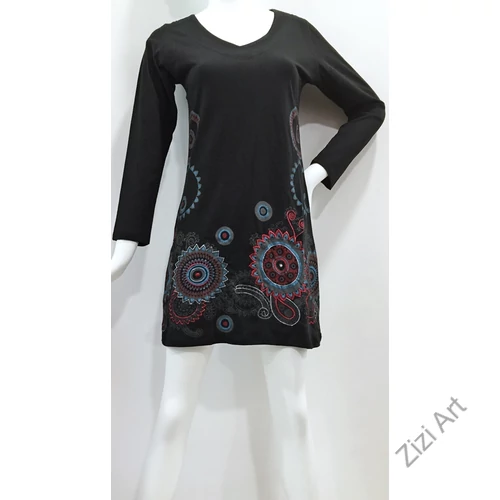 kék, piros, fekete, zöld, kiwi, virág, mandala, mintás, hosszú ujjú, pamut, tunika, ruha, felső, Nepál, egzotikus, egyedi, különleges, női, divat, bohém, trend