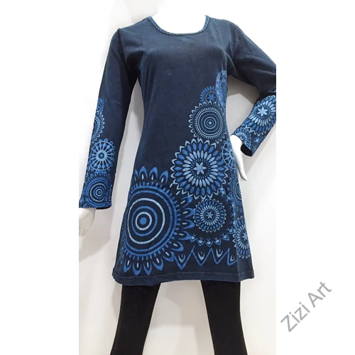 kék, mandala, mintás, hosszú ujjú, tunika, felső, pamut, Nepál, ruha, nepáli, színes, virágos, egzotikus, egyedi, vidám, élénk, elegáns, bohém, különleges