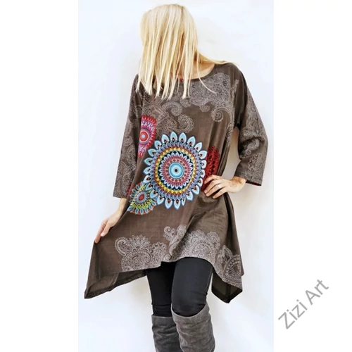 szürke, fehér, piros, kék, türkiz, fekete, szürke, hosszú ujjú, pamut, tunika, bő, ruha, felső, A-vonalú, Nepál, csipke, mandala, kör, virág, egzotikus, egyedi, vidám, élénk, különleges, női, divat, bohém, trend, színes