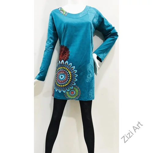 türkiz, piros, kék, hosszú ujjú, pamut, tunika, ruha, felső, Nepál, csipke, mandala, kör, egzotikus, egyedi, vidám, élénk, különleges, női, divat, bohém, trend