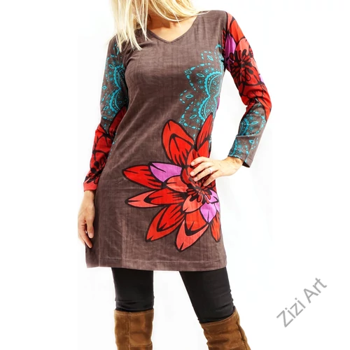 szürke, kék, piros, lila, virágos, hosszú ujjú, pamut, tunika, ruha, felső, Nepál, csipke, mandala, kör, egzotikus, egyedi, vidám, élénk, különleges, női, divat, bohém, trend