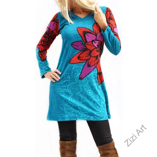 türkiz, kék, piros, lila, virágos, hosszú ujjú, pamut, tunika, ruha, felső, Nepál, csipke, mandala, kör, egzotikus, egyedi, vidám, élénk, különleges, női, divat, bohém, trend