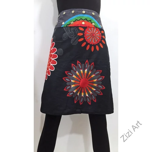 női, térd, kétoldalas, szoknya, vastag, pamut, színes, fekete, piros, kék, zöld, virágos, mandala, női, divat, egyedi, bohém, extravagáns, egzotikus, trend, Nepál
